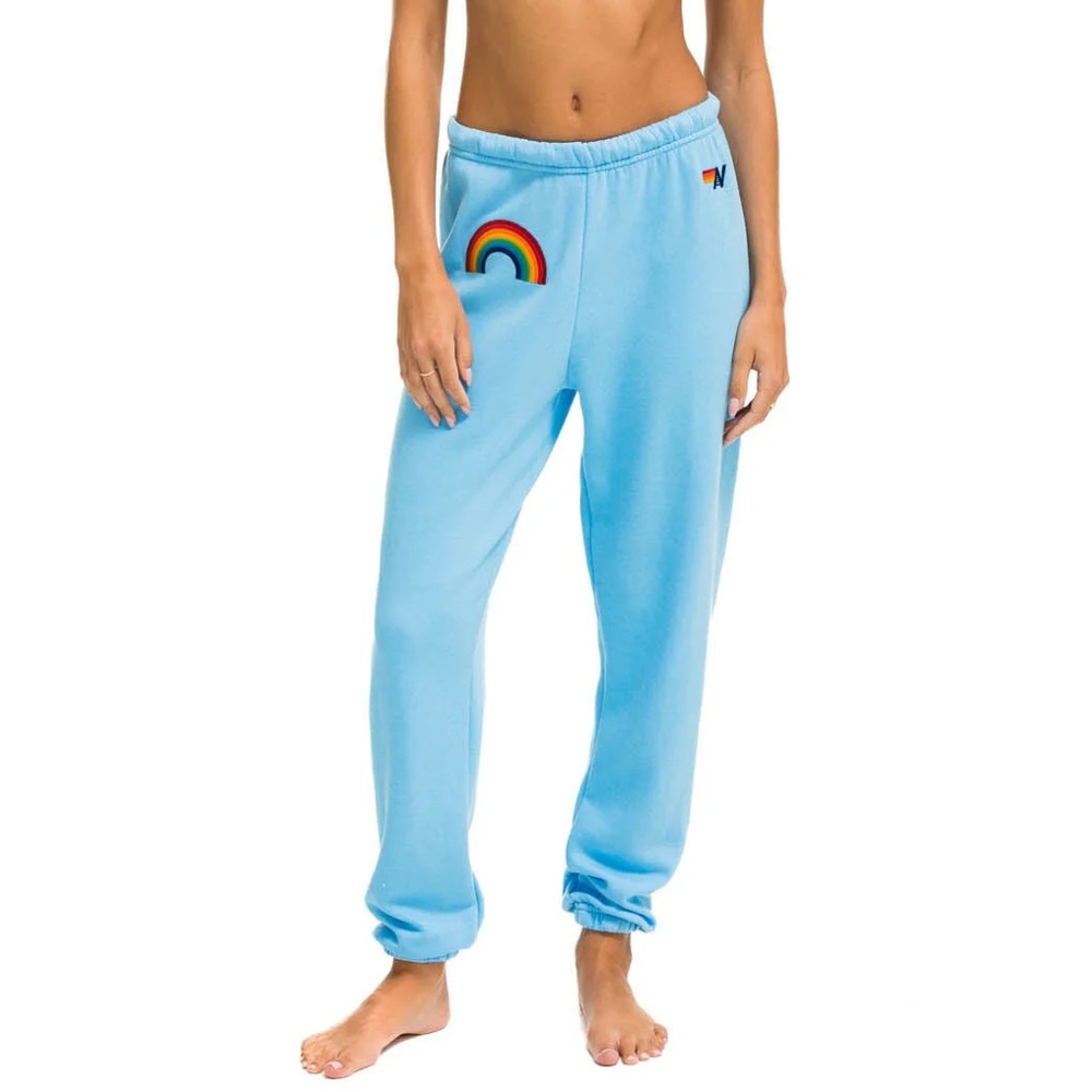 Aviator Nation Women’s Rainbow Embroidery Sweatpants Sky Blue Medium NEW